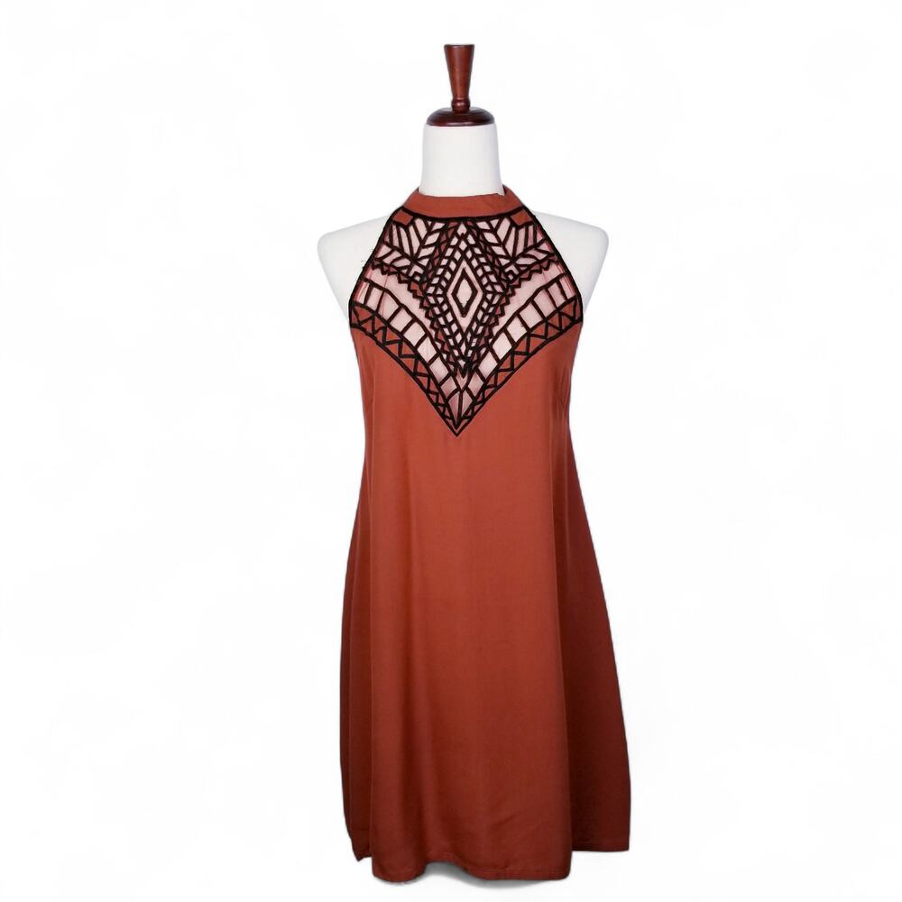 FREE PEOPLE XX TALLOW Surf All Day Brown & Black Halter Mini Dress - Size 6 - Picture 2 of 13